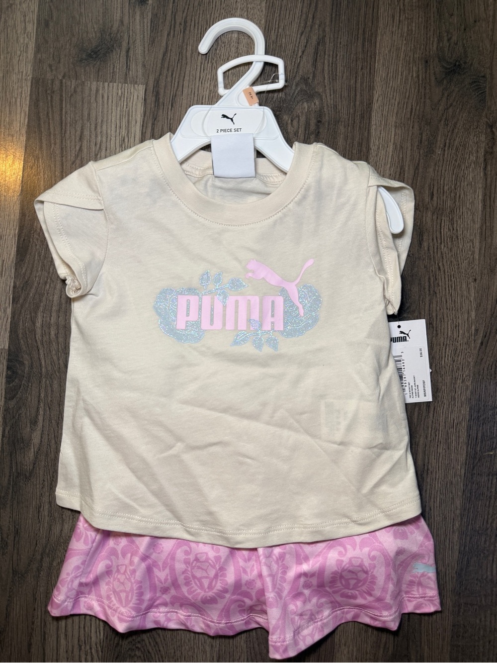 Puma Cream Top with Pink Logo & Pink Patterned Shorts Kids Pajama Set